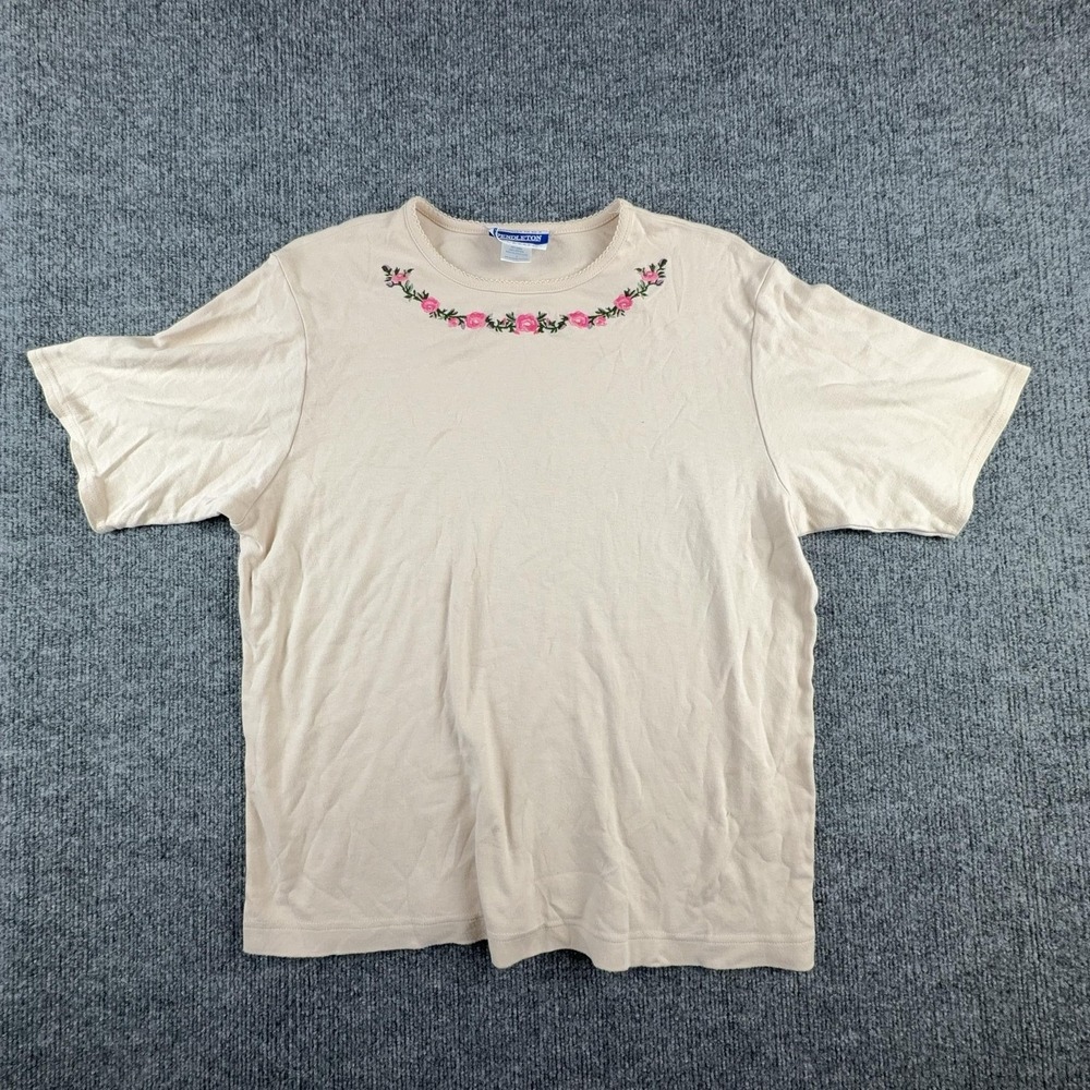 Vintage Pendleton Shirt Womens Large Beige Floral Embroidered Crew Neck Top